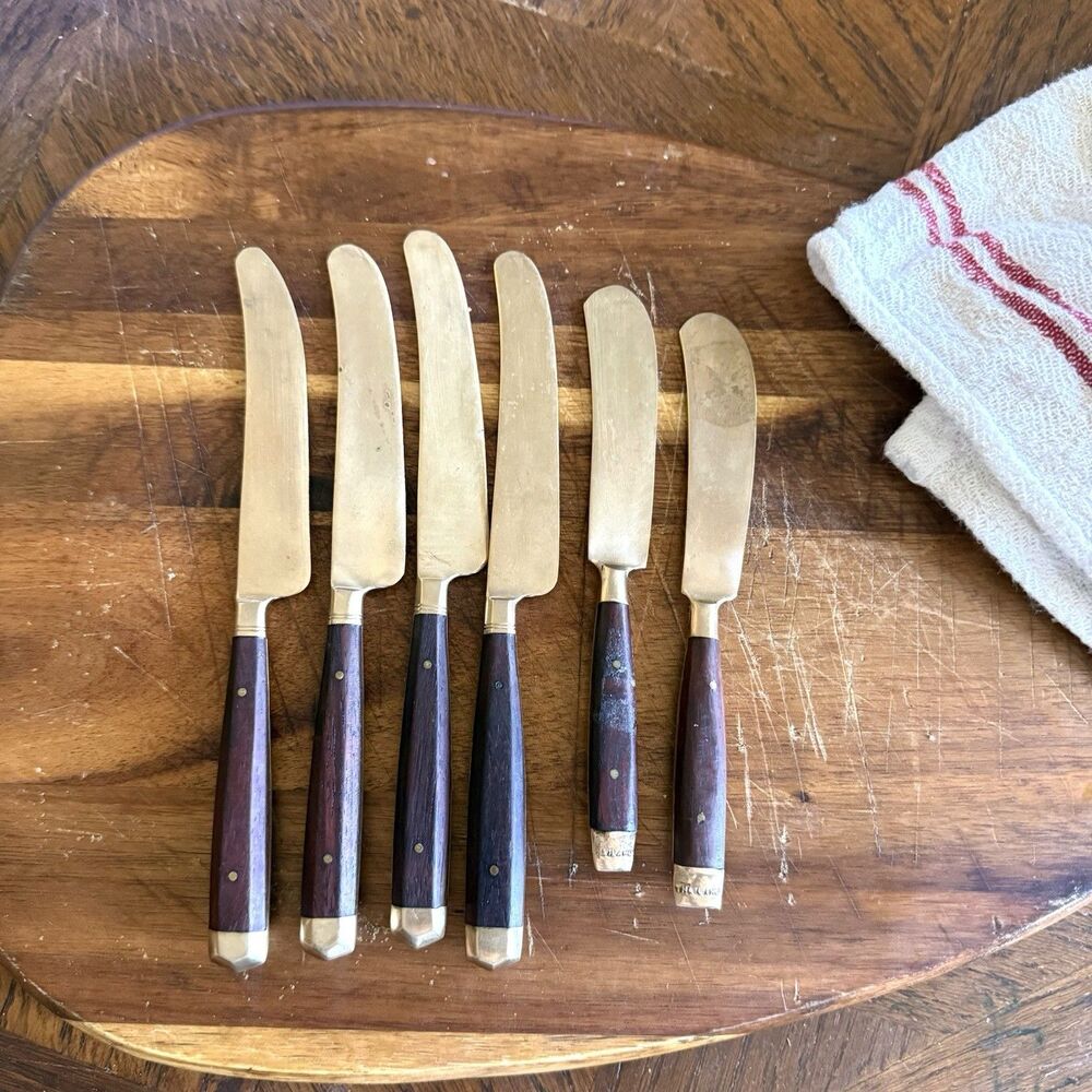 Vintage Thailand Brass and Wood Butter Cheese Spreader Set of 6